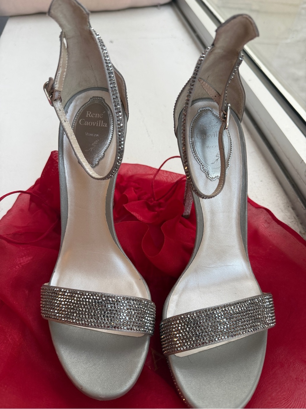 Rene Caovilla Silver Crystal Ankle-Strap Platform Sandals